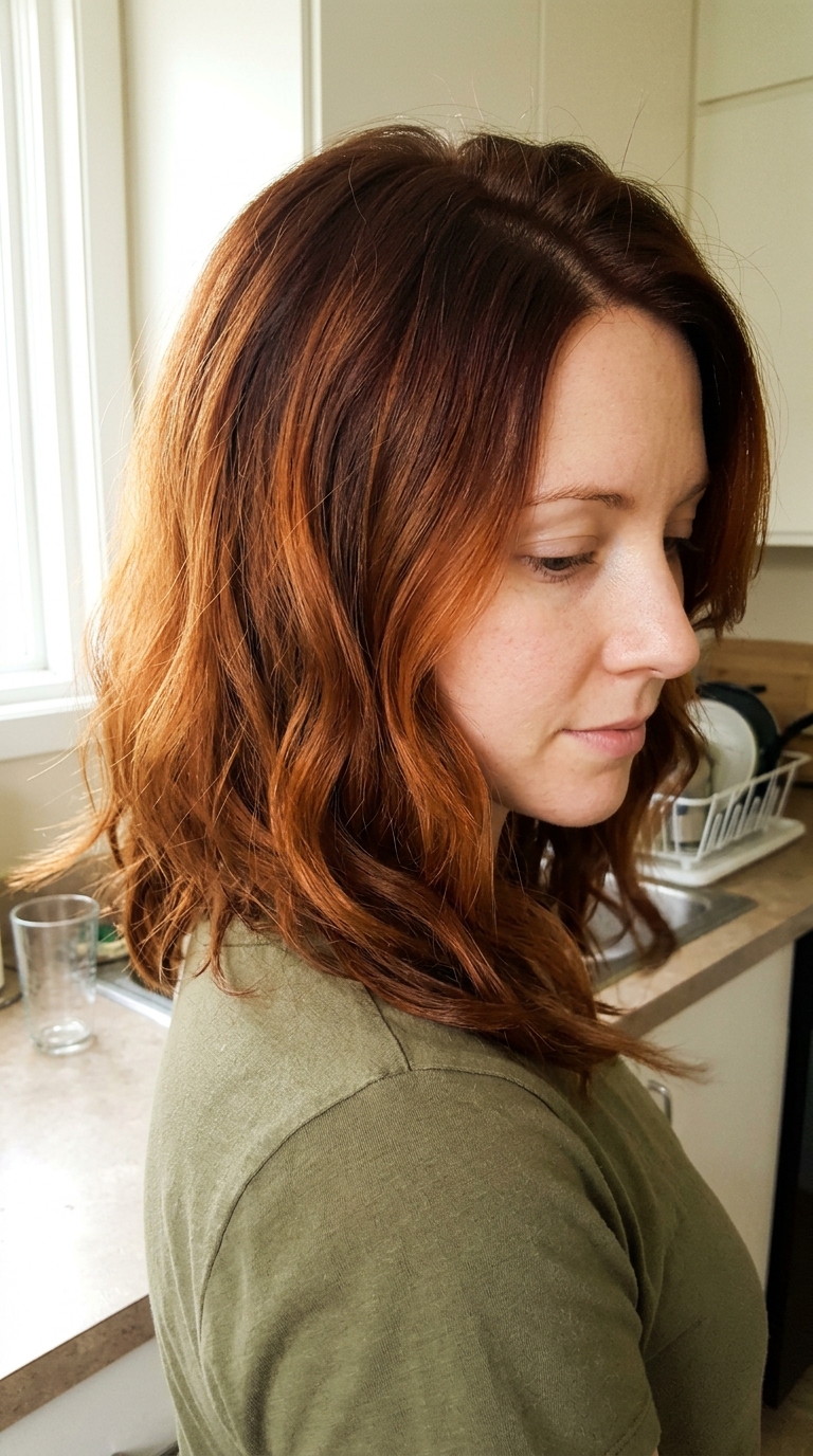 Profile of a woman with vibrant auburn, wavy shoulder-length bob hair.