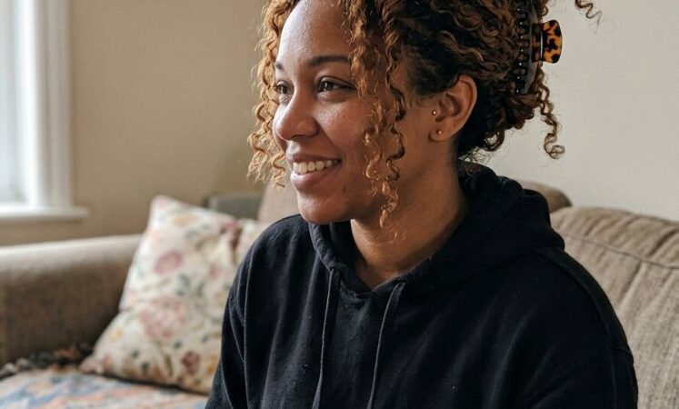 Tightly coiled curly hair styled in a high ponytail with darker roots transitioning into golden-brown balayage curls, showing natural dimension and curl pattern color placement