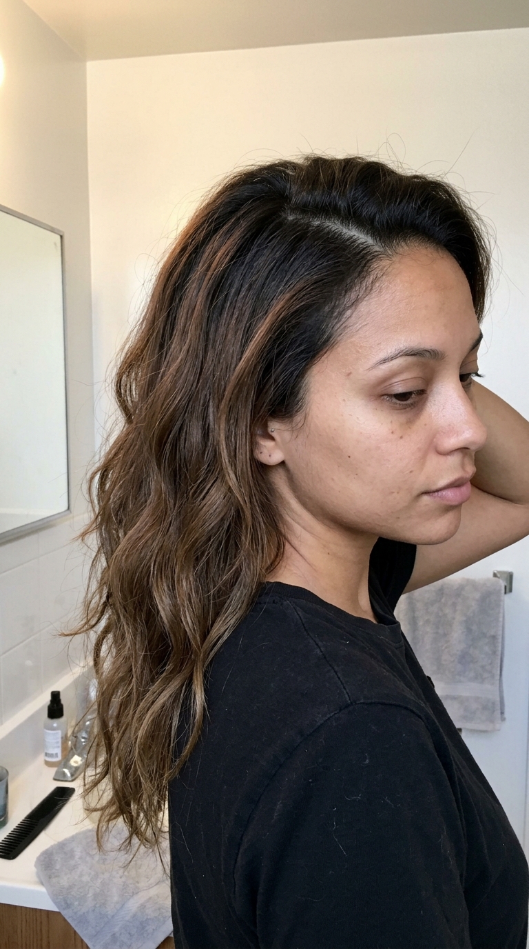 Effortless medium length waves with beautiful dark brown to caramel balayage for a natural, sun-kissed look.
