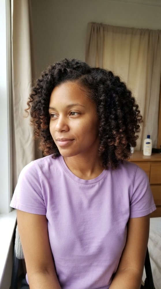 The hair is dark brown with subtle lighter brown highlights, particularly noticeable at the ends, and appears to have a natural, curly texture. It falls just below the chin in length, with a defined curl pattern that adds dimension and movement. The cut style features layers that enhance the curls, framing the face with a slightly asymmetrical, chin-length silhouette