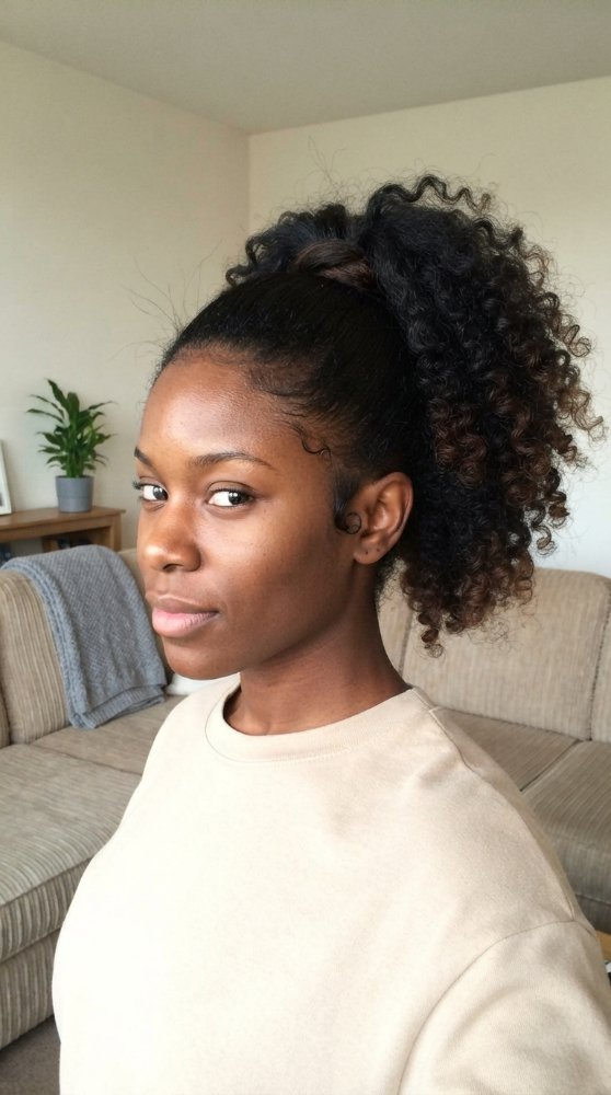 The hair is dark brown with subtle ombre effects, transitioning to lighter brown towards the ends. It appears to be curly and textured, pulled back into a high ponytail with a sleek, smooth section framing the hairline. The curls in the ponytail are defined and bouncy, with dimensional color, and apparent soft regrowth blending
