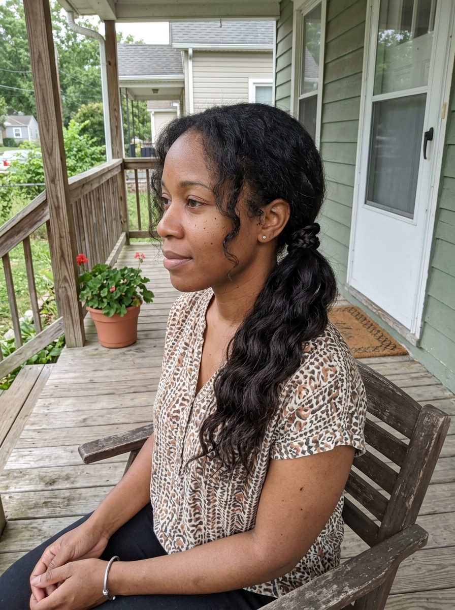 A woman with a ponytail and bangs.