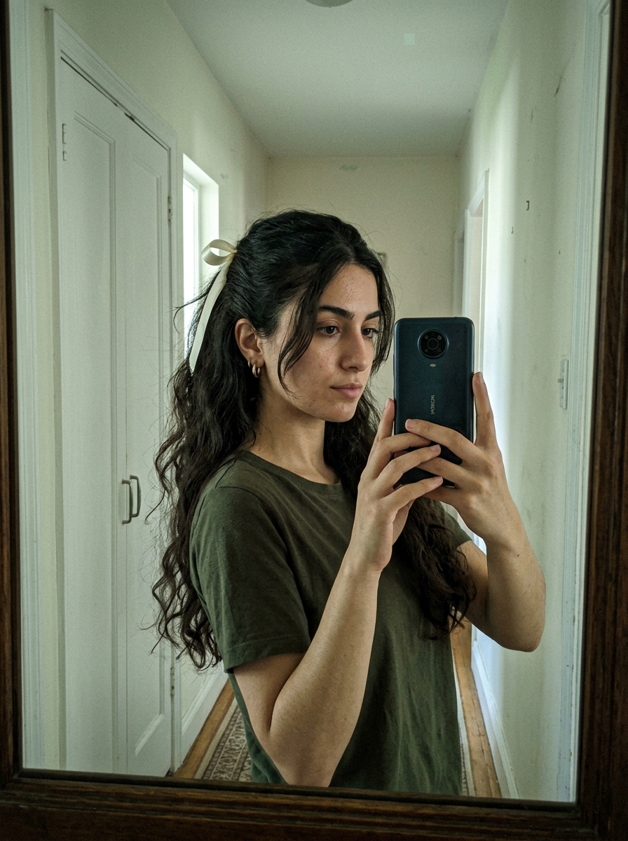 A woman with long hair taking a selfie.