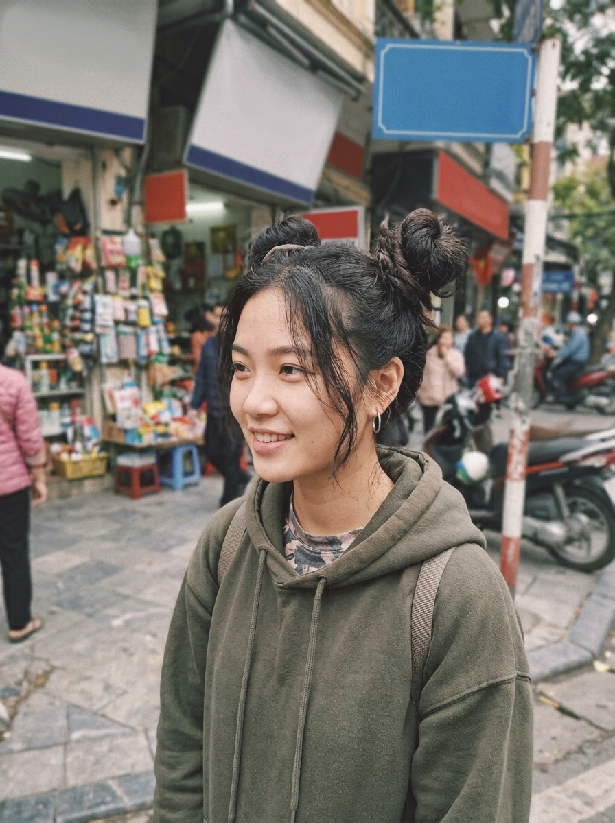 hairstyle woman A woman with short black hair wearing a green hoodie and carrying a backpack.