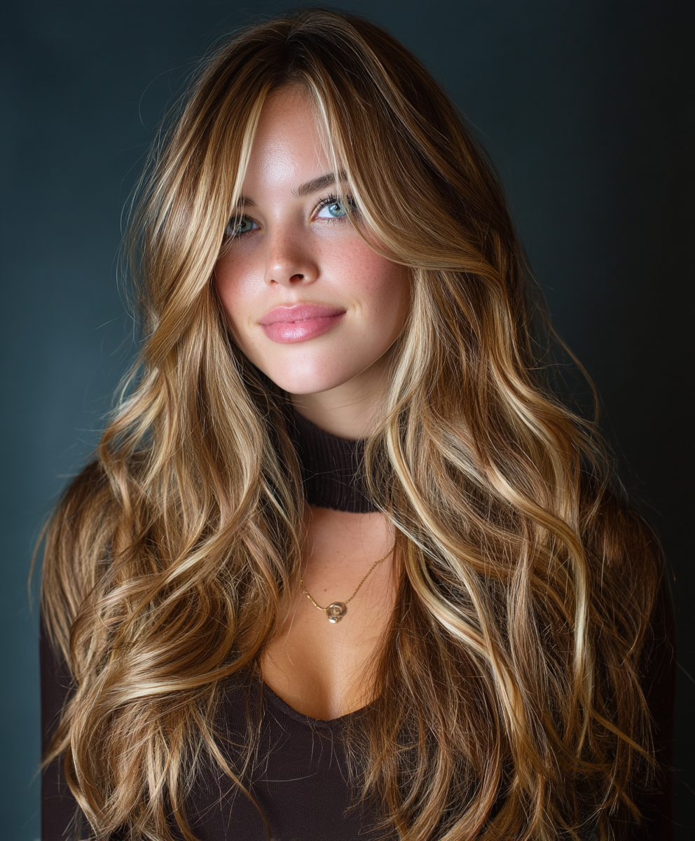 Face-Framing Highlights and Lowlights within Long Hair Cuts
