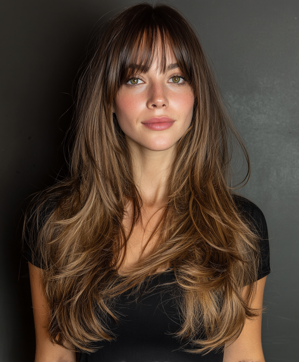 Long Hair Cuts: Bottleneck Bangs with Layers