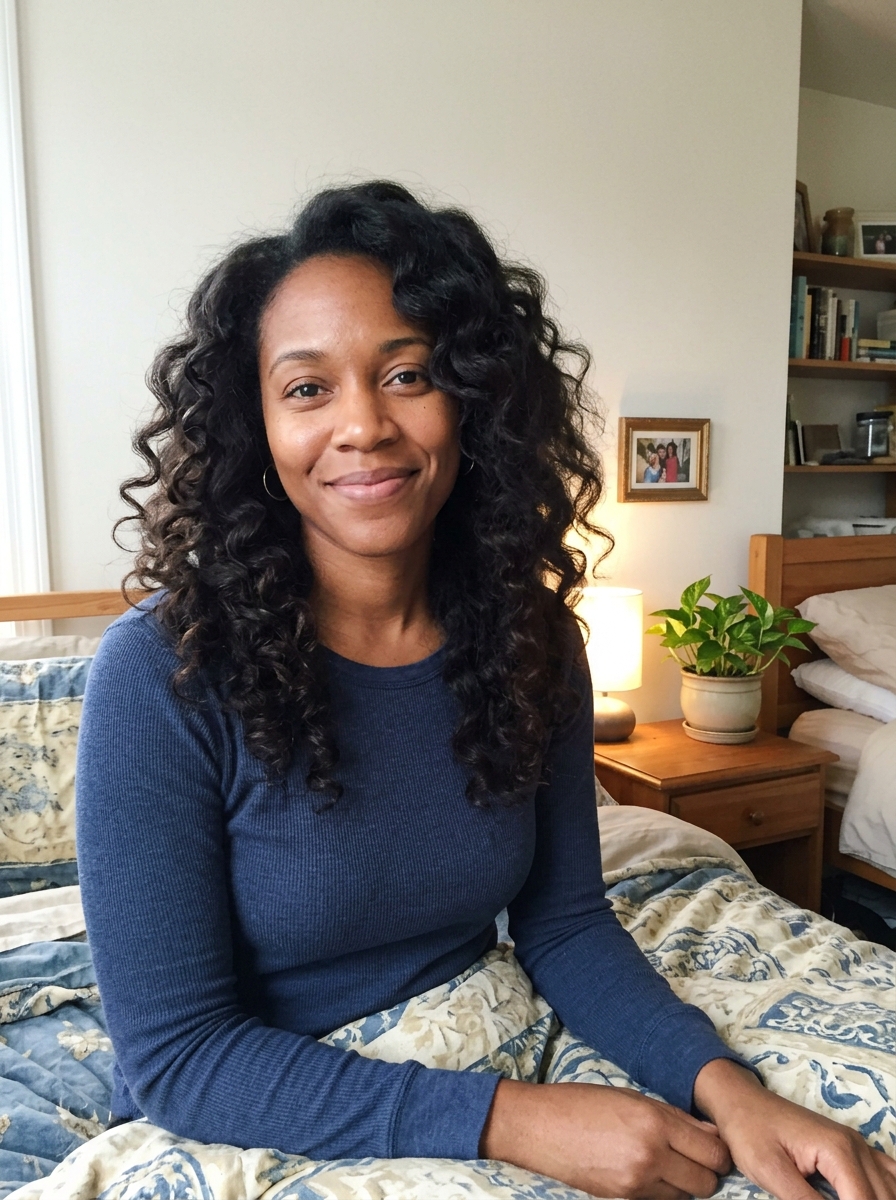 Long, curly, color-treated hair showing a soft face-framing regrowth line for a natural transition.