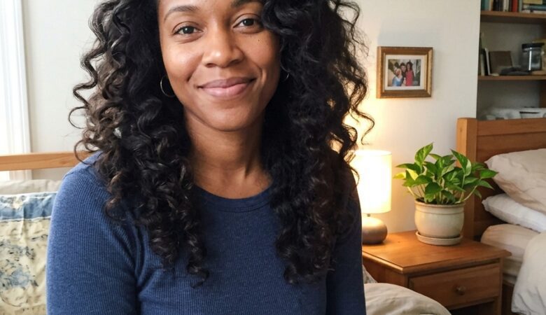 A woman with long, curly hair wearing a blue shirt and sitting on a bed.