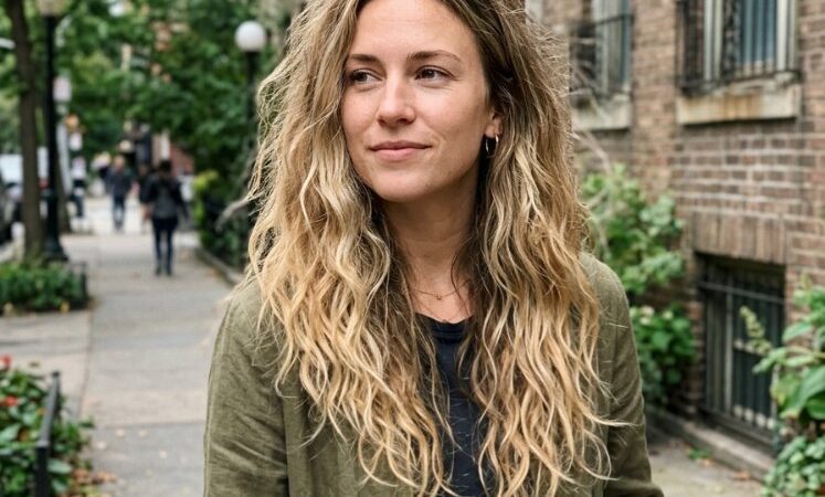 The hair is long, wavy, and blonde with darker roots visible, indicating regrowth. It appears to have subtle dimension and texture, with lighter ends that could be achieved through balayage or highlights, and visible lowlights, toner or gloss. The cut style is layered, framing the face with loose, flowing curls and braids