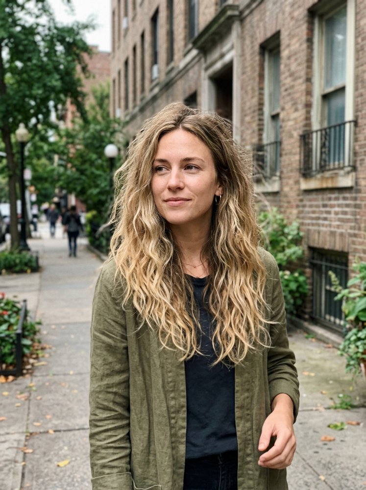 The hair is long, wavy, and blonde with darker roots visible, indicating regrowth. It appears to have subtle dimension and texture, with lighter ends that could be achieved through balayage or highlights, and visible lowlights, toner or gloss. The cut style is layered, framing the face with loose, flowing curls and braids