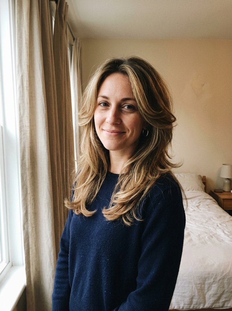 Long, wavy, blonde hair with a -framing highlights and a natural-looking color blend