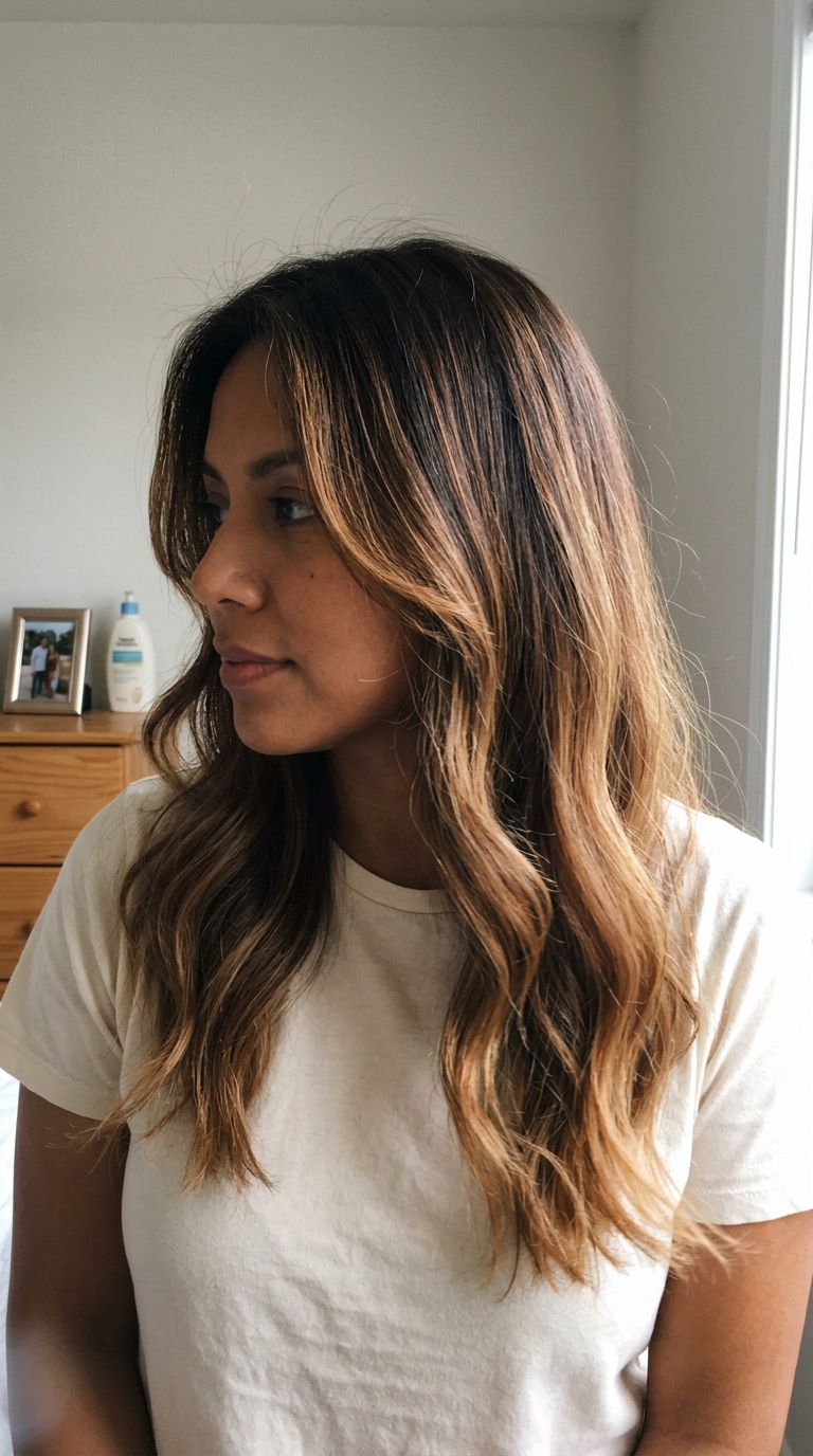 Woman with long, wavy brown hair featuring warm caramel balayage highlights, styled with soft, face-framing waves.