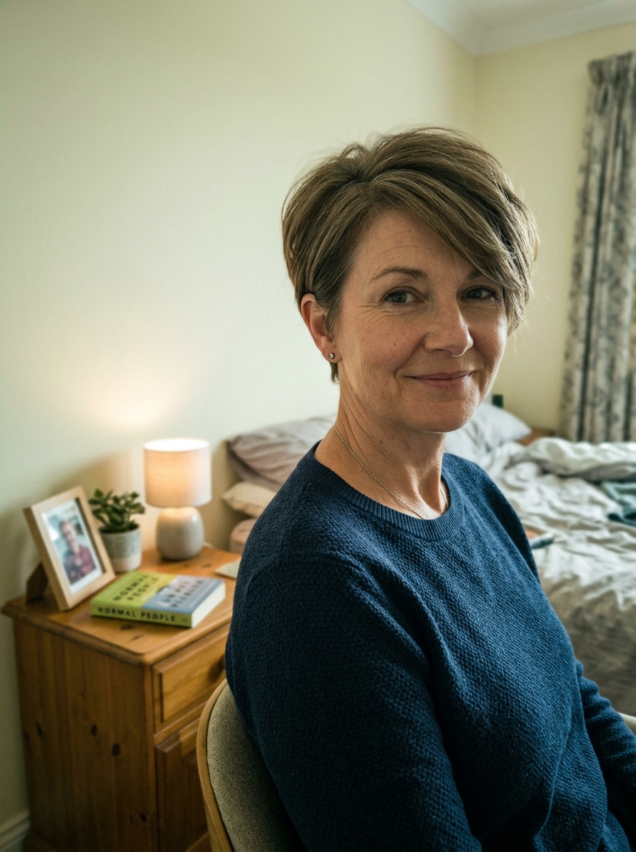short hair style woman A woman with short hair wearing a blue sweater.