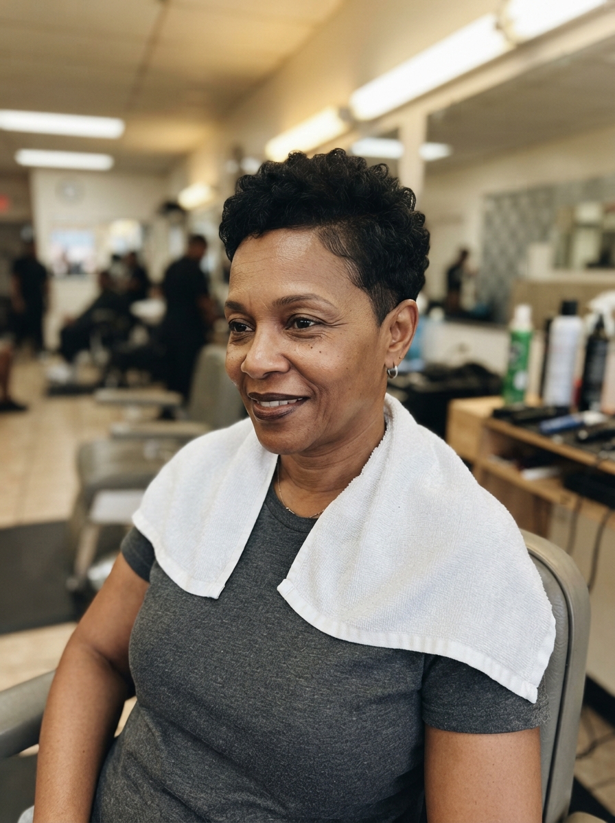 Stylish Short Hairstyles For Women Over 50 Curly Pixie Black Short curly pixie cut blending natural gray and black strands with visible texture and soft movement around the crown
