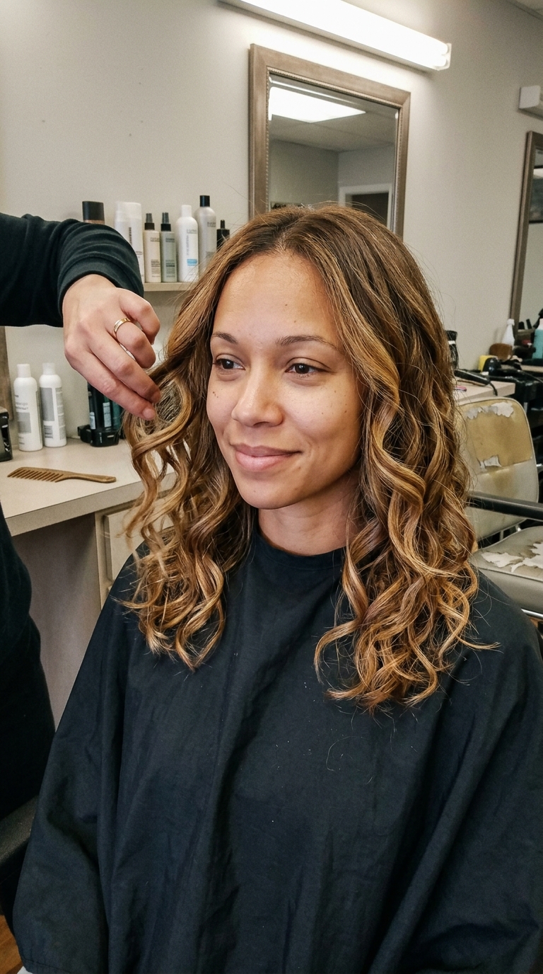 A woman with beautiful medium-length, wavy hair showcasing warm brown and golden blonde balayage highlights, being styled in a salon.