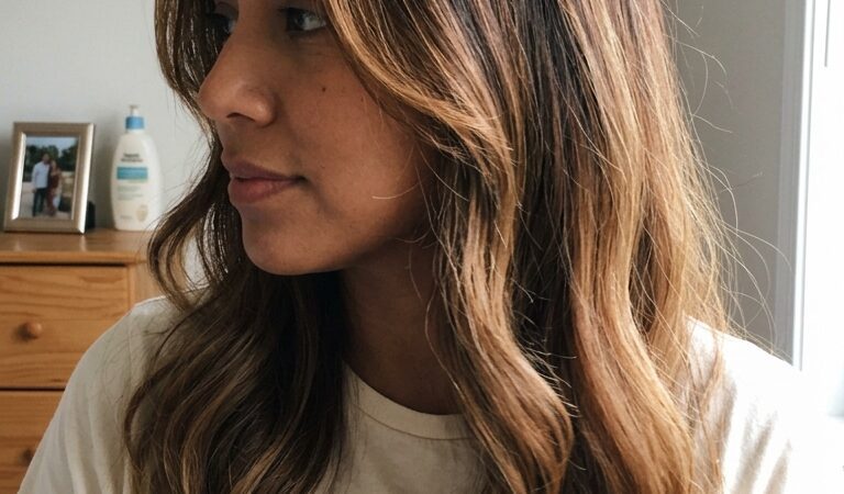 Loving this dimensional look! A woman models her long, wavy caramel balayage hair, featuring a beautiful blend of warm tones and darker roots, styled with face-framing layers.