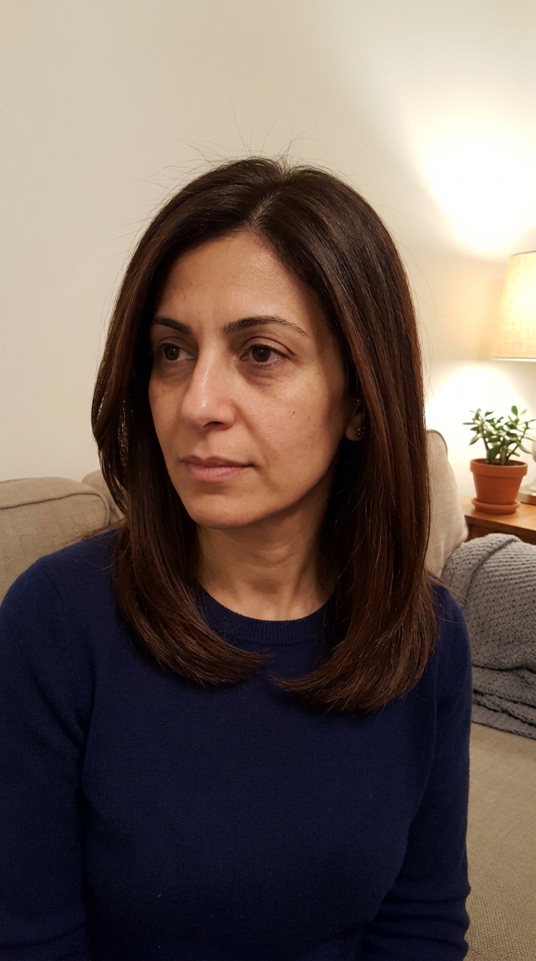 A woman with sleek, shoulder-length medium brown hair, styled in a subtle layered cut, looks thoughtfully to the side while wearing a navy blue sweater in an indoor setting.