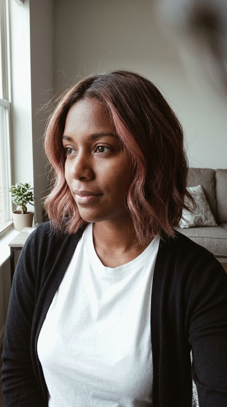 Close-up of a woman with shoulder-length wavy hair featuring dark roots and rose gold balayage highlights, looking out a window.
